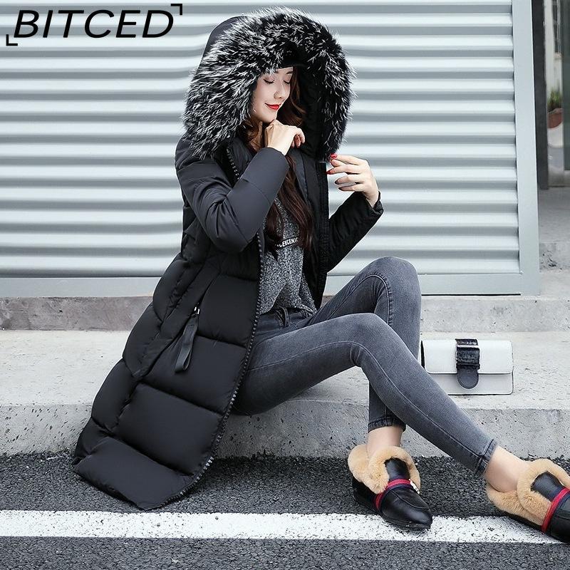 BITCED Autumn/Winter Women's Long-Length Cotton Coat with Hood and Large Fur Collar Down-Filled Cotton-Blend Padded Jacket