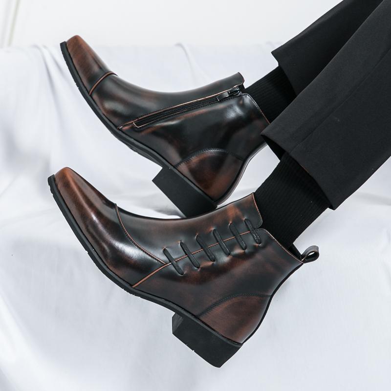 Fashion Britain Fashion Designer New Men's Pointed Patchwork Patent Leather Casual Ankle Boot Winter High Tops Shoes Zapatos Hombre