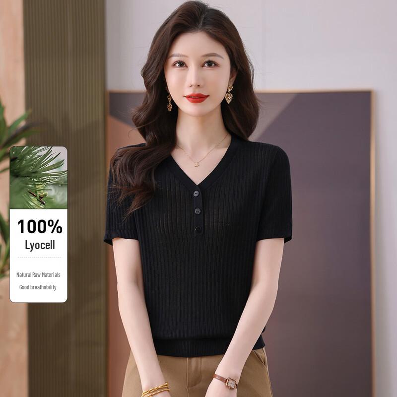 Women s Lyocell V-Neck Short Sleeve Knit Top L