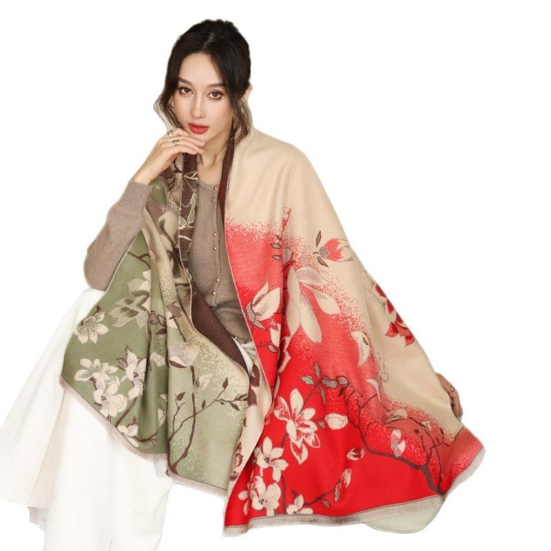 Gradual change flower imitation cashmere scarf women's high sense double-sided jacquard shawl retro scarf