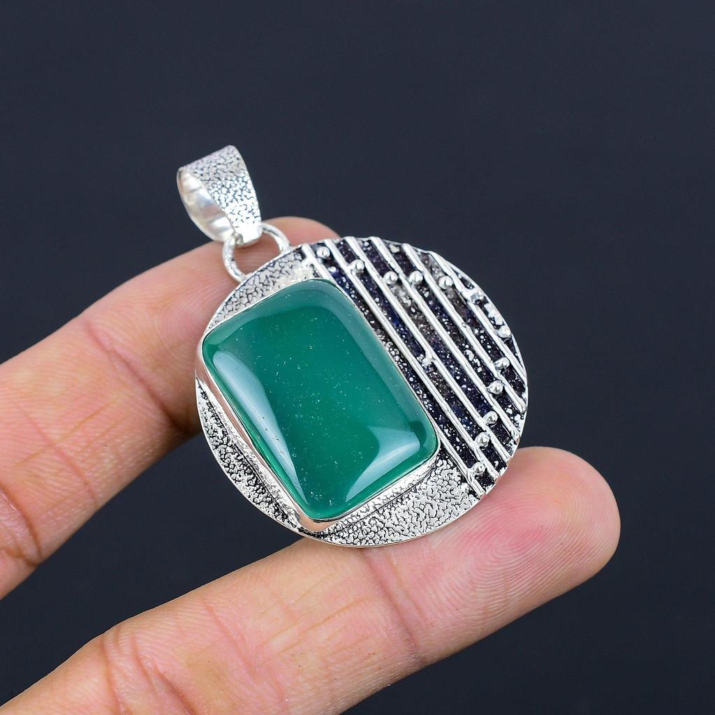 Sterling Silver Natural Green Onyx Anniversary Bezel Engagement Pendant Jewelry