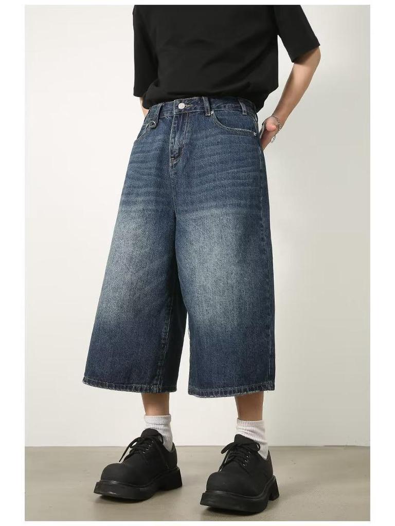 Men's Dark Blue Denim Wide-Leg 7-Point Shorts - Trendy, Loose, and Versatile Summer Wear