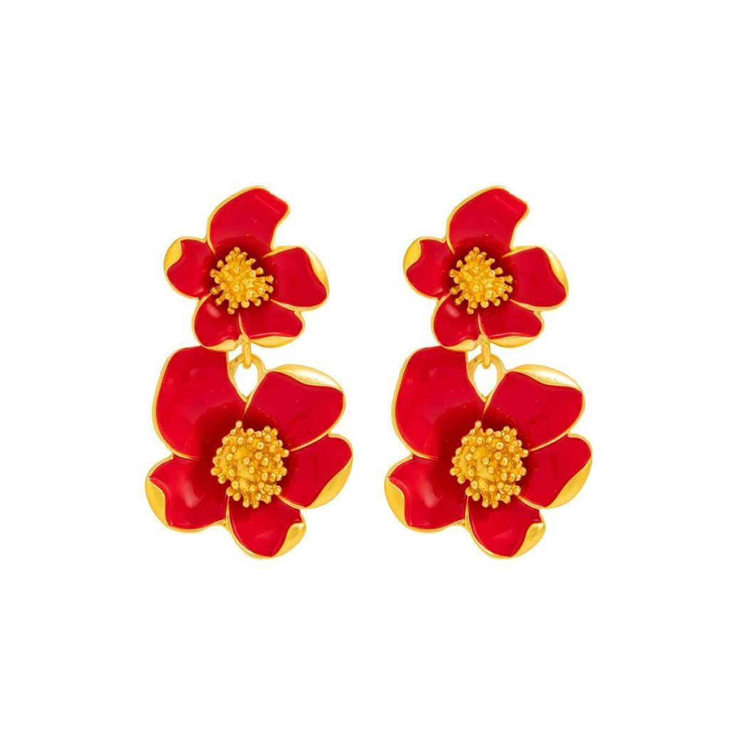 IngeSight.Z Exquisite Romantic Red White Drop Oil Flower Stud Earrings for Women Creative Trendy Metal Piercing Earrings Jewelry