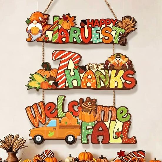 Yousheng Thanksgiving Welcome Sign Rustic Harvest Wooden Door Hanger Sign Gnome Turkey Pumpkin Truck Decorative Wall Plaque for Farmhouse Porch Wall