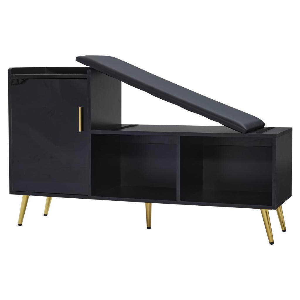 Schuhbank Schwarz Hochglanz Sitzbank Stauraum, gepolstert, 1 Schranktür, 2 offene Fächer, Schuhregal Flur, Eingang, Wohnzimmer, bis 100 kg