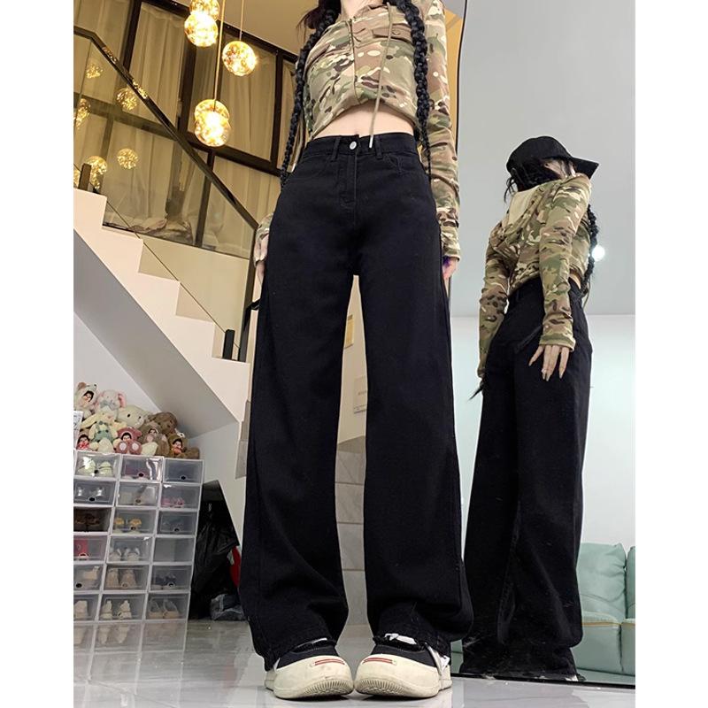 

Plus Size Black High Waist Wide Leg Jeans for Women - Autumn 2024 Loose Drapey Straight-Leg Floor-Length Pants Medium