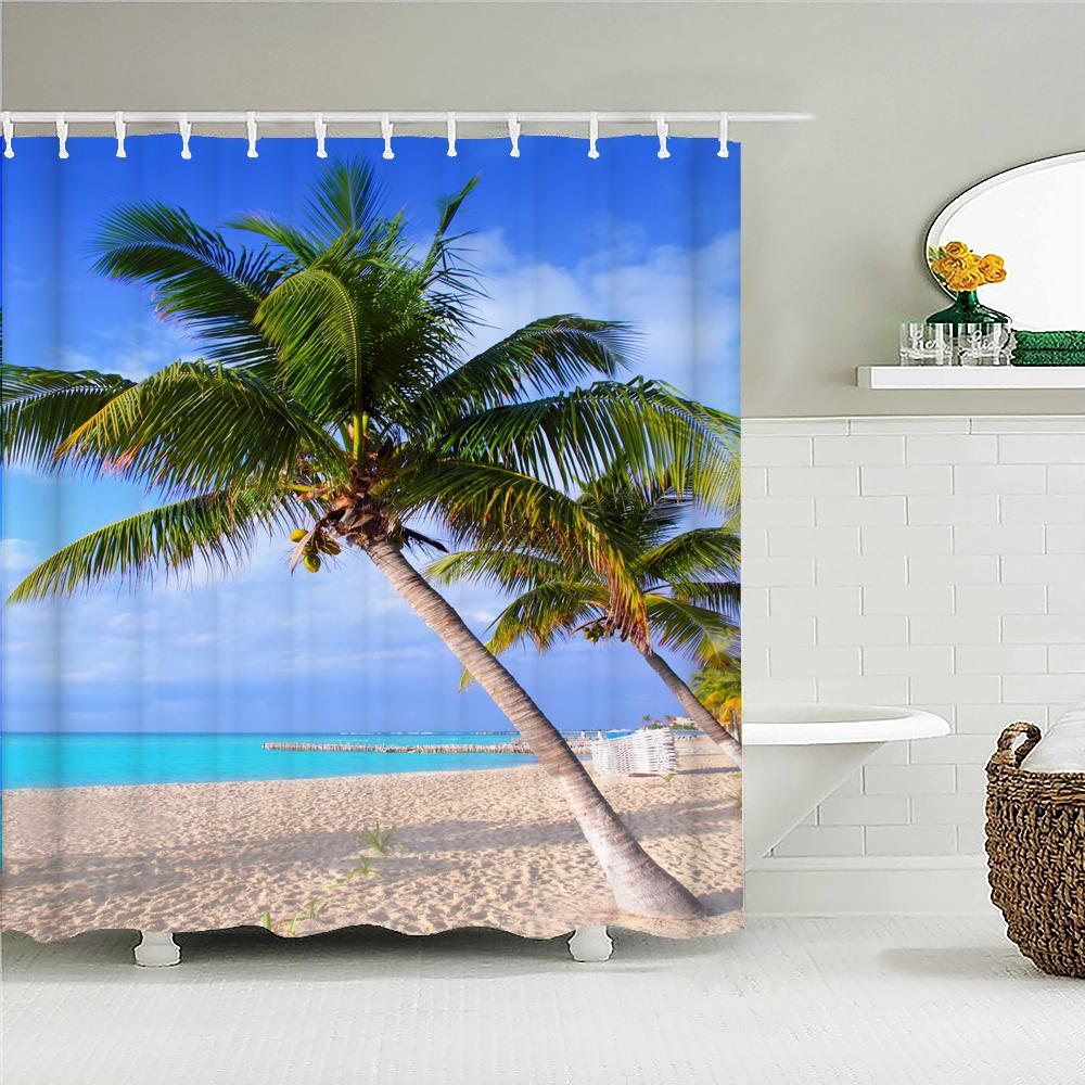 Ocean Sunrise Shower Curtain Summer Beach Tropical Palm Tree Hawaiian Sunset Coastal Scenery Sea Wave Bath Curtain With Hooks