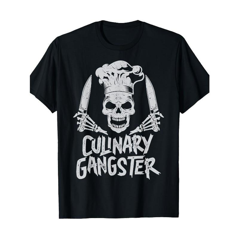 

European sizes Men s & Women s Chef Skull & Knife Graphic T-Shirt - Culinary Gangster Distressed Print 4XL