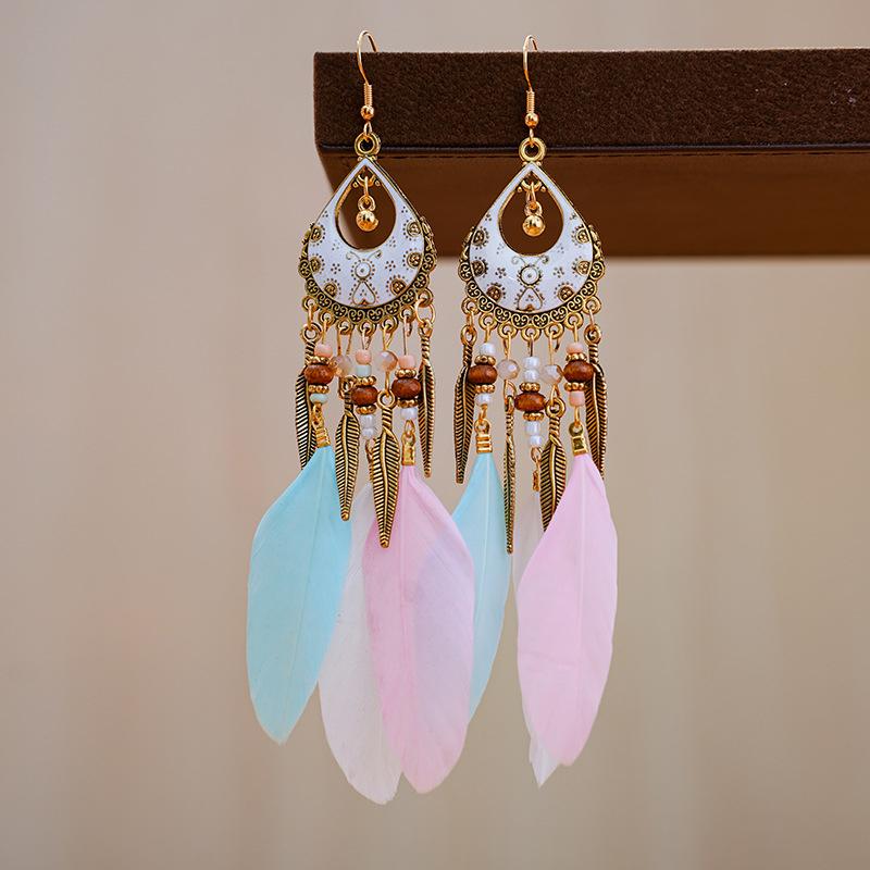 Bohemian Long Feather Drop Dangle Earrings For Women Beaded Handmade Carved Heart Enameled Earrings Boho Vintage Indian Zircon