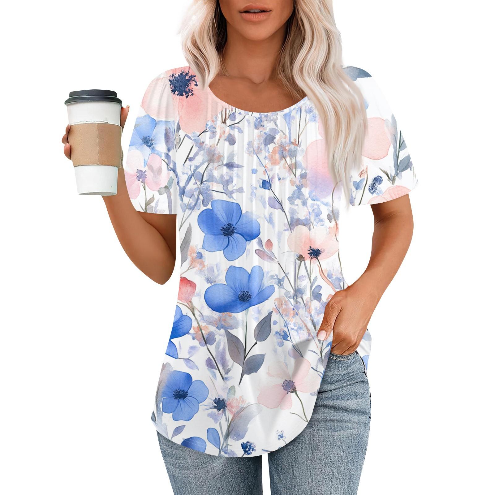 

Женская модная повседневная плиссированная футболка в полоску с круглым вырезом и цветочным принтом с короткими рукавами, топ XL арбуз красный