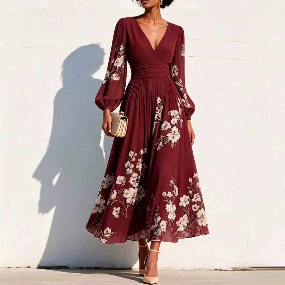 Damen V-Ausschnitt Blumen Langarm Faltenkleid 2026