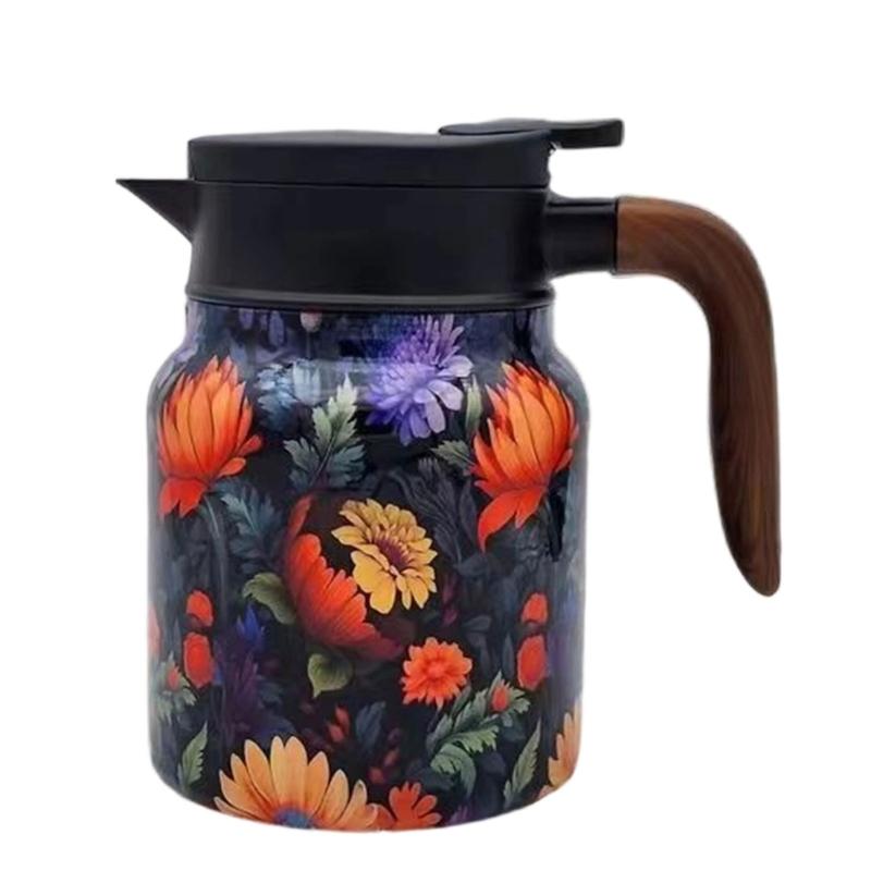 Premium Thermal Florals Teapot 1000ml Removable Infuser Stainless Steels Body And Ergonomic Wooden Handle Teas Kettle