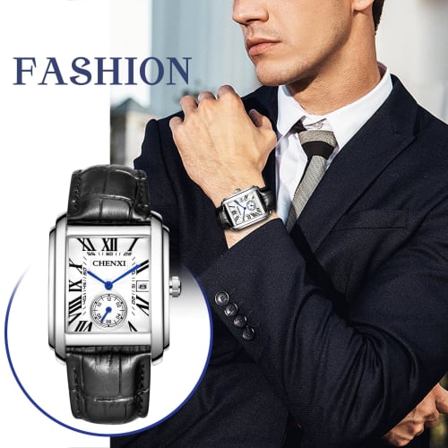 Men's Leather Watch, Seiko Replica Watch: Stylish Square Dial Watch with Roman Numerals, Adjustable Leather Strap, Silver