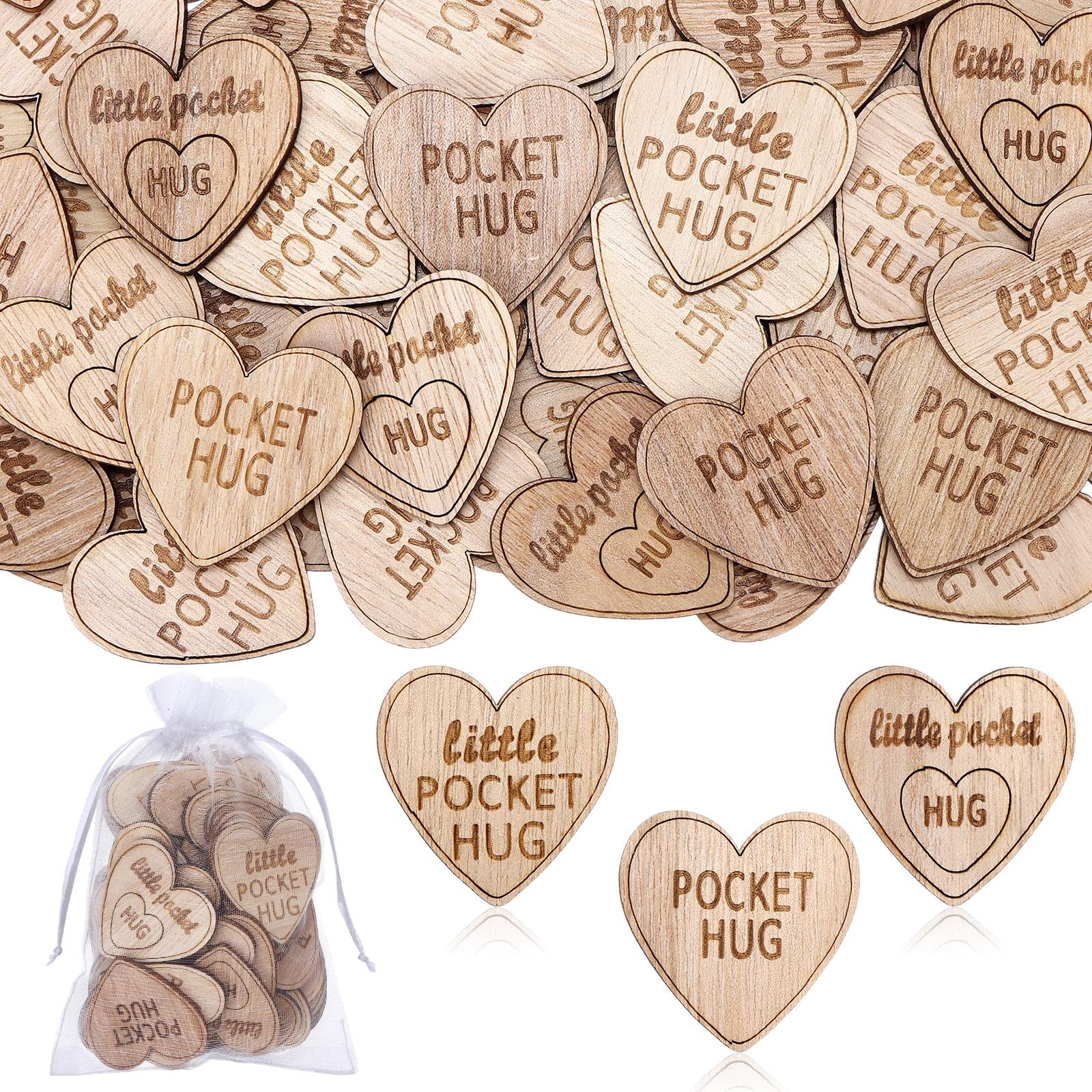 

90Pcs Wooden Round Pocket Hug Token Gift Bulk With 3 Pcs Organza Bags For Family Birthday Celebration