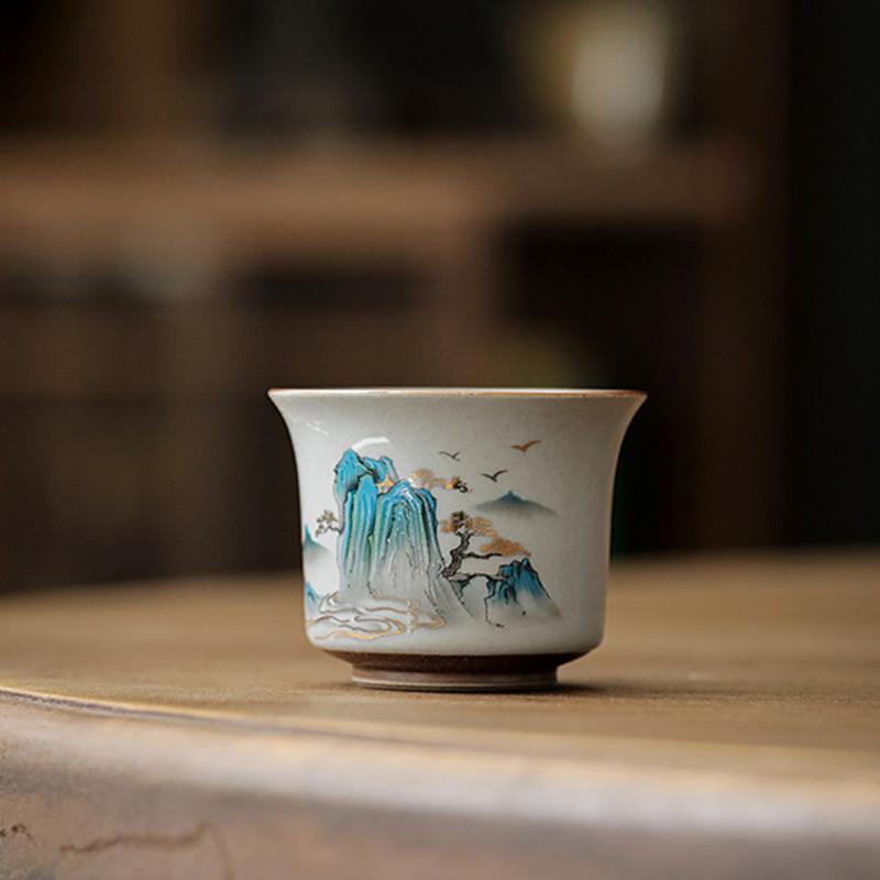 1 Pcs Chinese Retro Ceramic Teacup Handmade Landscape Pattern Tea Bowl Travel Portable Master Meditation Cup Household Tea Set