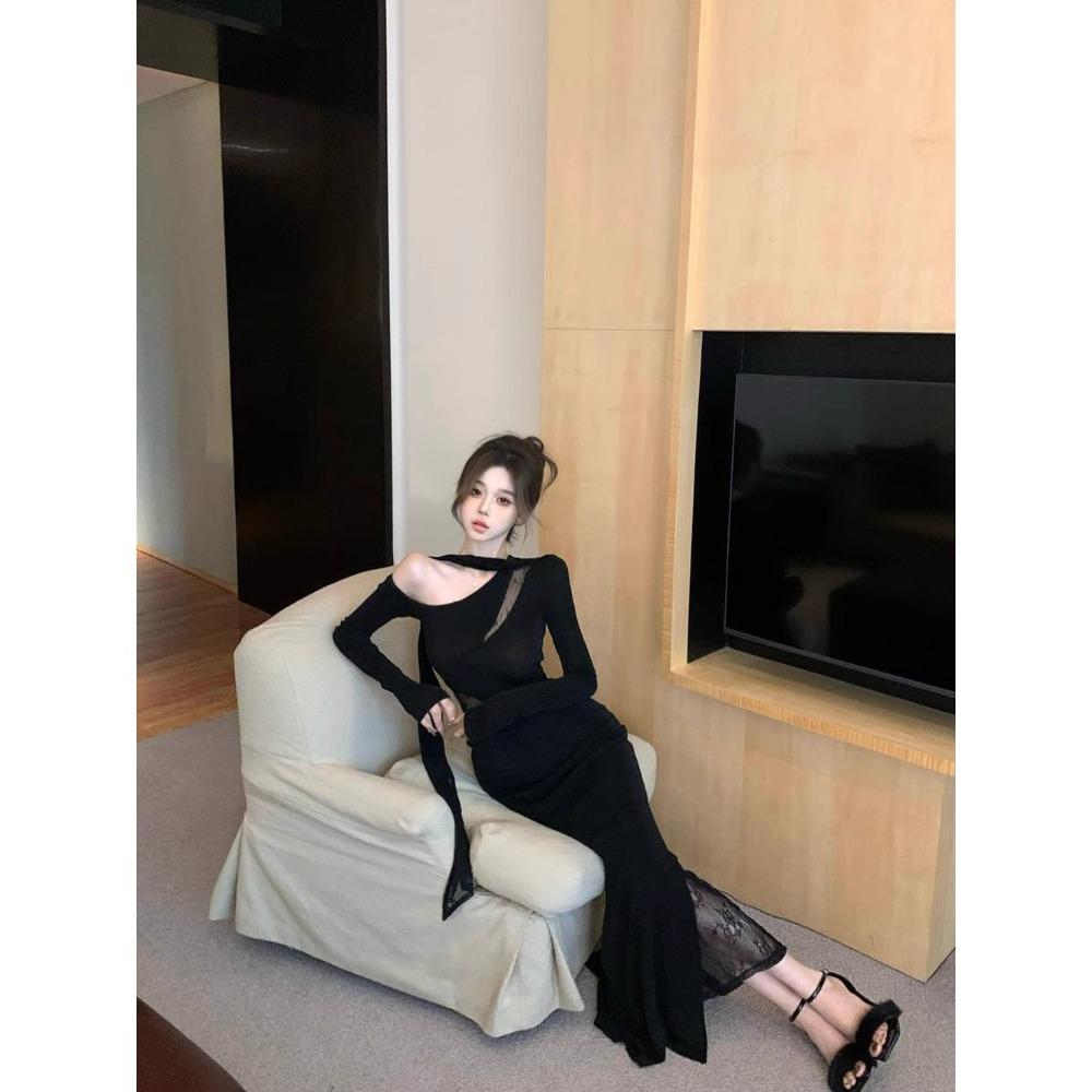 Elegant Socialite Lace Off-shoulder Women's New Slim-fitting Fishtail Waist-covering Hip Long-sleeved Dress