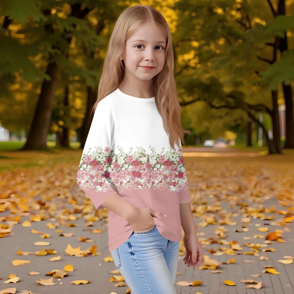 Kinder-T-Shirt mit 3/4-Ärmeln, bedrucktem O-Ausschnitt und Freizeitmotiv für jeden Tag