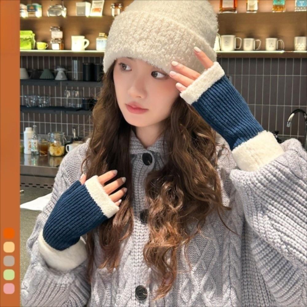 1 Pair Korean Style Knitted Gloves Soft Warm Half Finger Gloves Protect Wrists Cold-proof Color-blocked Gloves