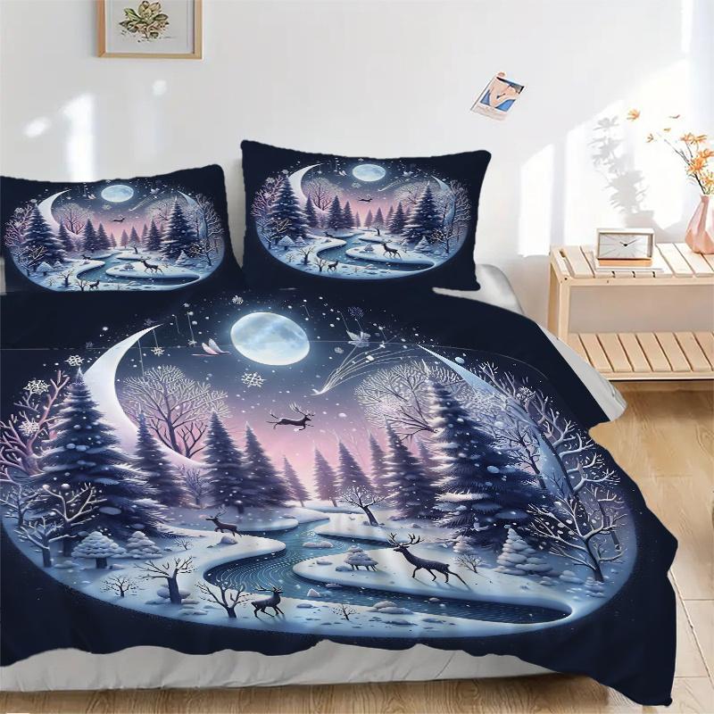 3pcs Winter's Night Pattern Bedding Set, 1* Cover + 2*Pillowcases, Printed Bedding Set, Soft