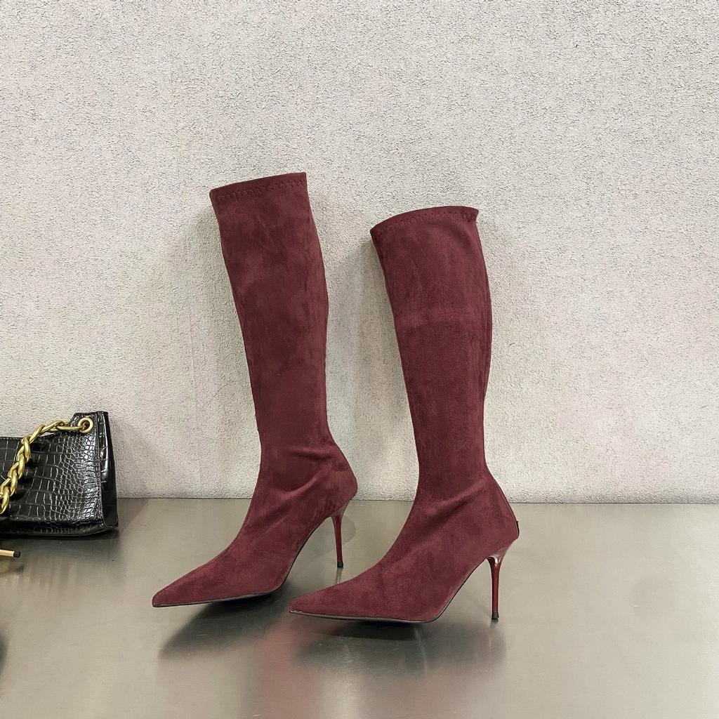 European and American Niche Temperament Suede High-heeled Boots 2025 Autumn and Winter New Pointed Thin Heels But Knee Zipper Tall Tube