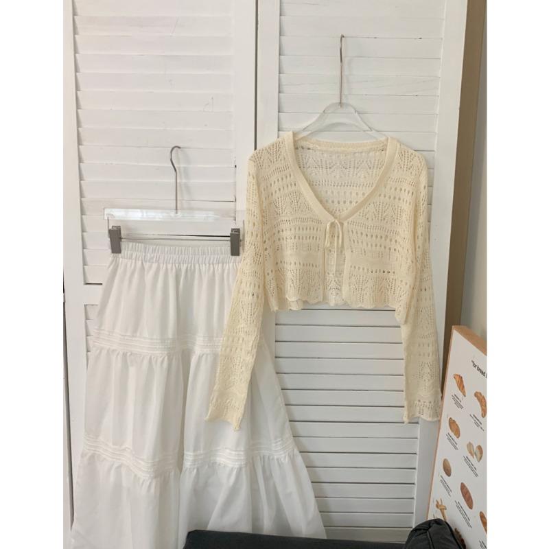 Fashion Sunscreen Knitted Cardigan Women's Hollow Blouse Vest Elegant Summer Thin V-neck Drawstring Air-conditioned Lace Shirt Shawl Short Tops