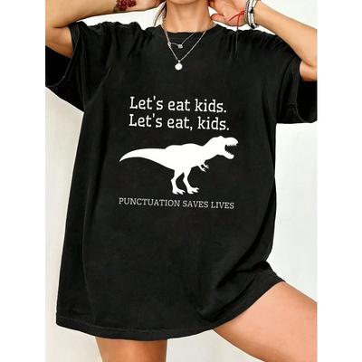 Übergroßes T-Shirt Schwarz Dinosaurier- und Satzzeichen-Textdruck Freizeitkleidung für Frauen und Mädchen