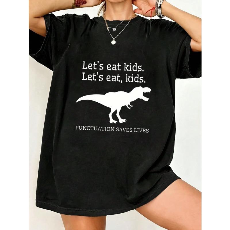 Oversized T Shirt Black Dinosaur And Punctuation Text Print Casual Wear For Women And Girls
