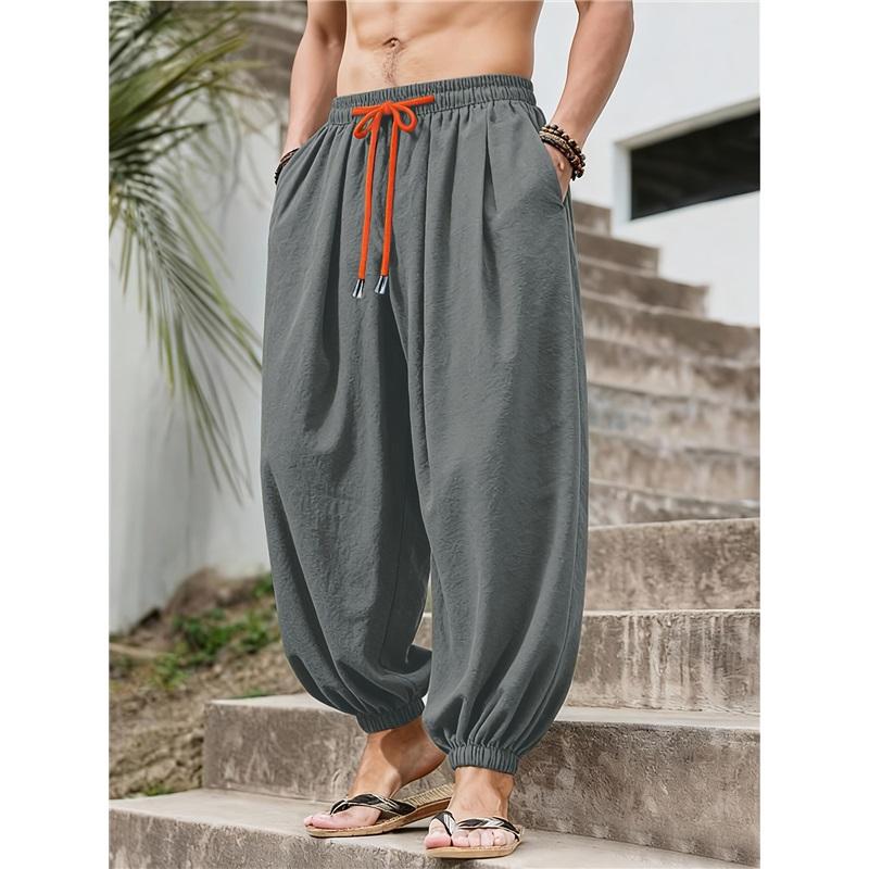 Men's Loose-fit Harem Pants, Elastic Drawstring Waist, Non-stretch Casual Lantern Trousers, Lightweight Quick-dry