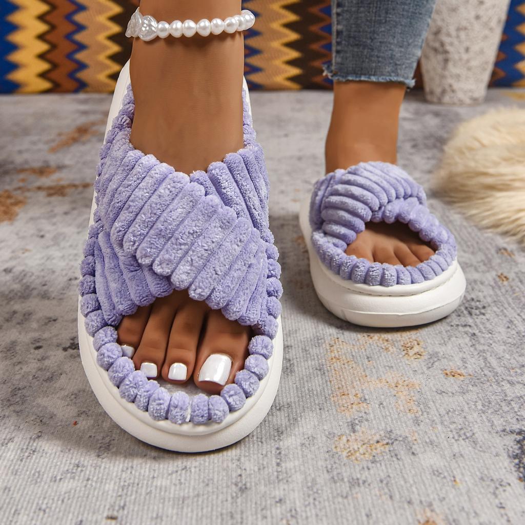 Fashion Cross Strap Slippers Women Fashion New Females Soft Corduroy Platform Home Slides Men Portable Warm Plush Sandals Women's Shoes