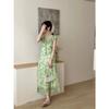 French Green Small Flying Sleeves Floral Thin Dress for Children's Summer New Seaside Vacation Waist Temperament Long Dress