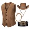 Kostým západního kovboje Hnědá sada kostýmu pro westernovou párty pro děti s vestou, kloboukem, opaskem a lanem, V-výstřih s knoflíky pro cosplay styling