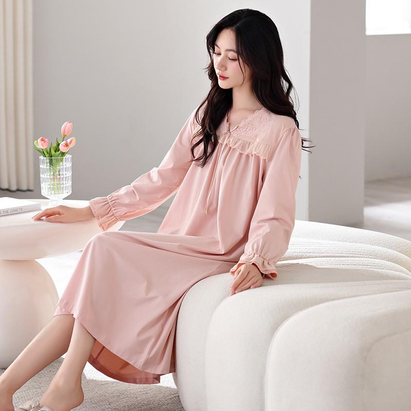 Womens Cotton Long Sleeve Nightgown Lace Trim Mid Length Sleepwear