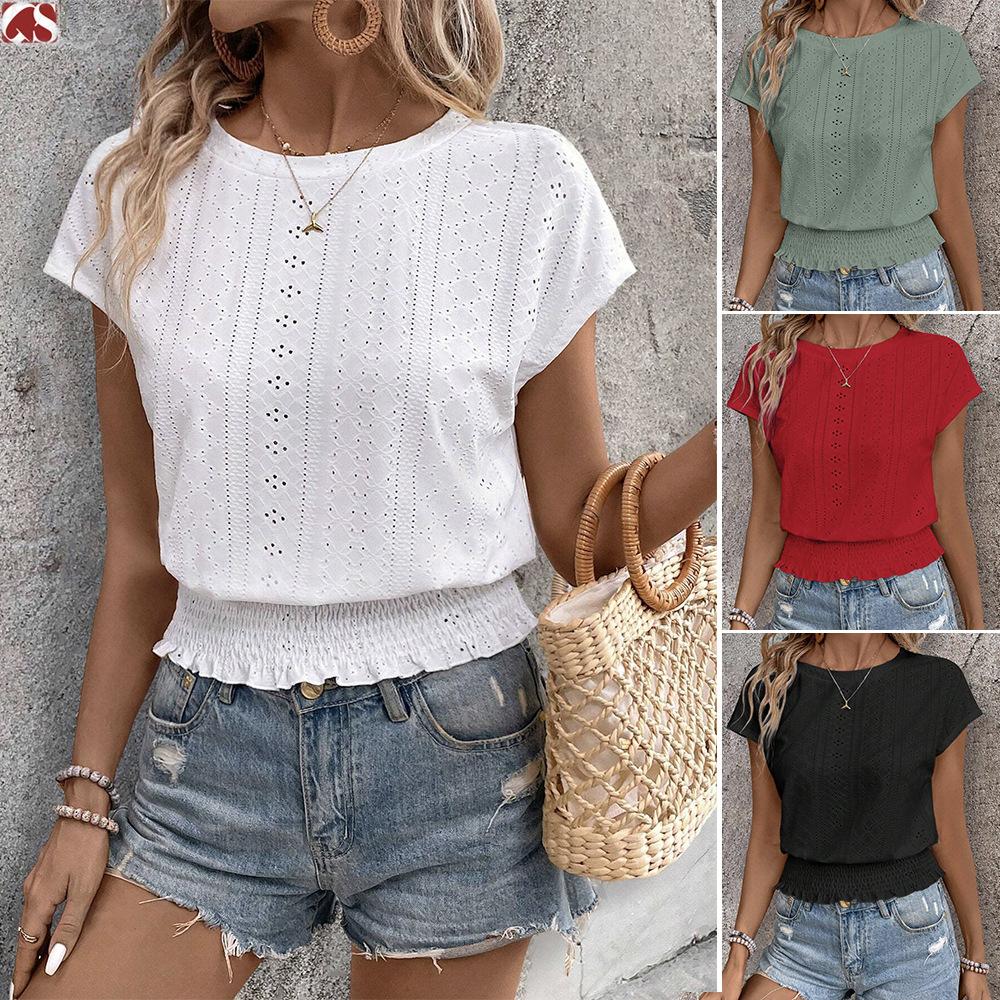 Summer Short Sleeve Sweet Loose Women's Shirts Round Neck Jacquard Hollow Out Casual Blouse Women Tops Elegant Solid Vacation Slim White Blouses 3298