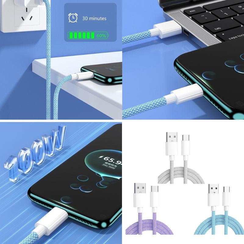 High Efficiency 2m Type C Charging Cable Power Adapter Line Wire Cord for Smartphone Earbud Braided Design Easy to Use