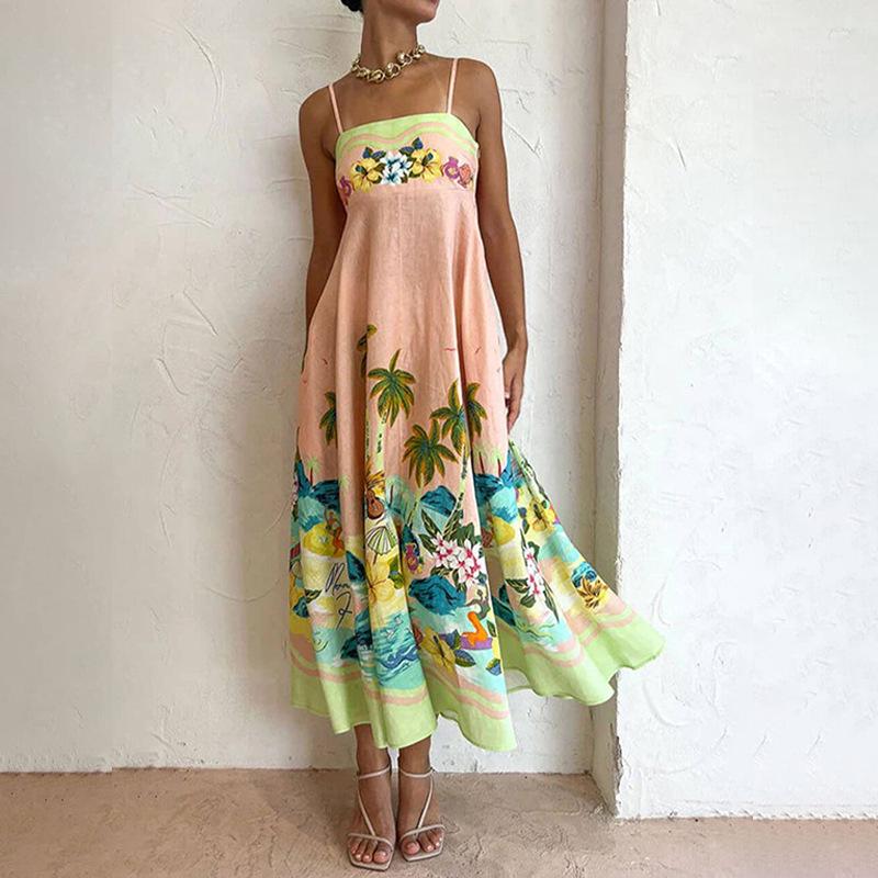 Frühling 2026 Europäisches & Amerikanisches Damenkleid mit Graffiti-Print - Sexy Spaghettiträger, Ärmellos, Großes Saumdesign
