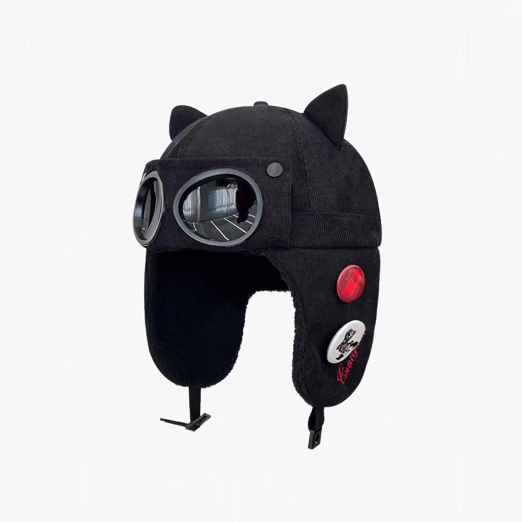 Pilot glasses cat ear ear protection hat men and women winter velvet warm leopard print corduroy cycling cotton hat