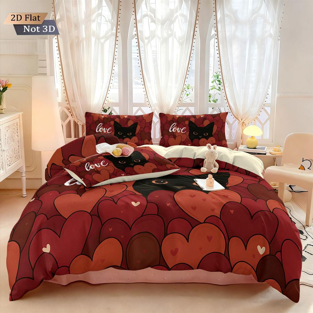3pcs Valentine's Day Happy Romantic Love Cat Print Core less Down Duvet Cover Set Multi Size Bedroom Bedding Festival Decoration