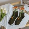 Women Socks Korean Japanese Style Cartoon Green Flower Harajuku Cute Kawaii Mid Tube Socks Breathable Casual Short  Cotton Socks