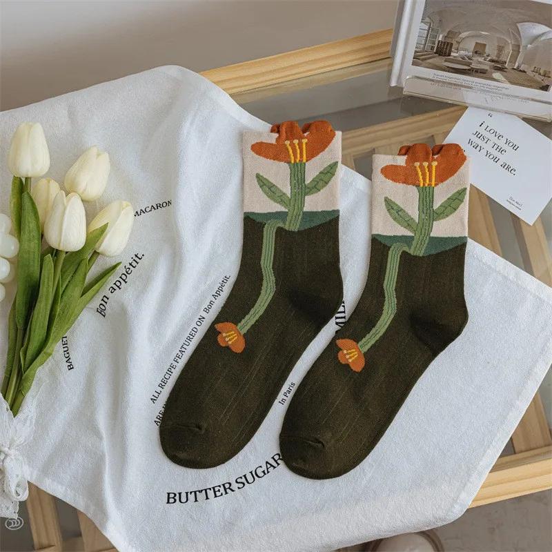 Women Socks Korean Japanese Style Cartoon Green Flower Harajuku Cute Kawaii Mid Tube Socks Breathable Casual Short  Cotton Socks