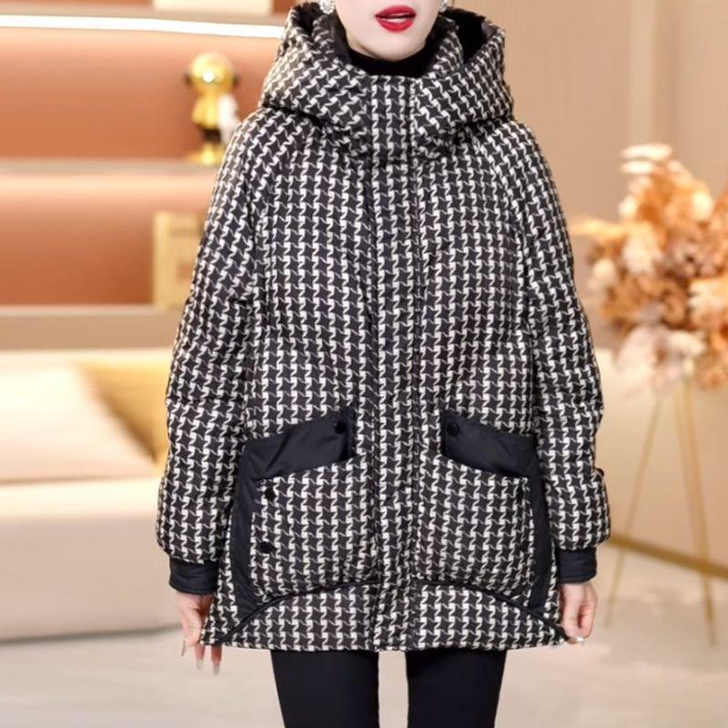 Luxusní volný bavlněný kabát pro maminky Stylová zimní hřejivá bunda Módní svrchní oděv plus size