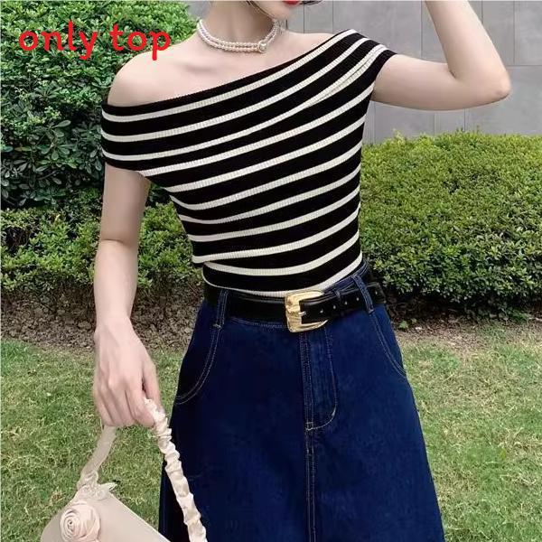 Striped Off Shoulder Sweater For Women With Slim Fit Short Sleeve Knit Top