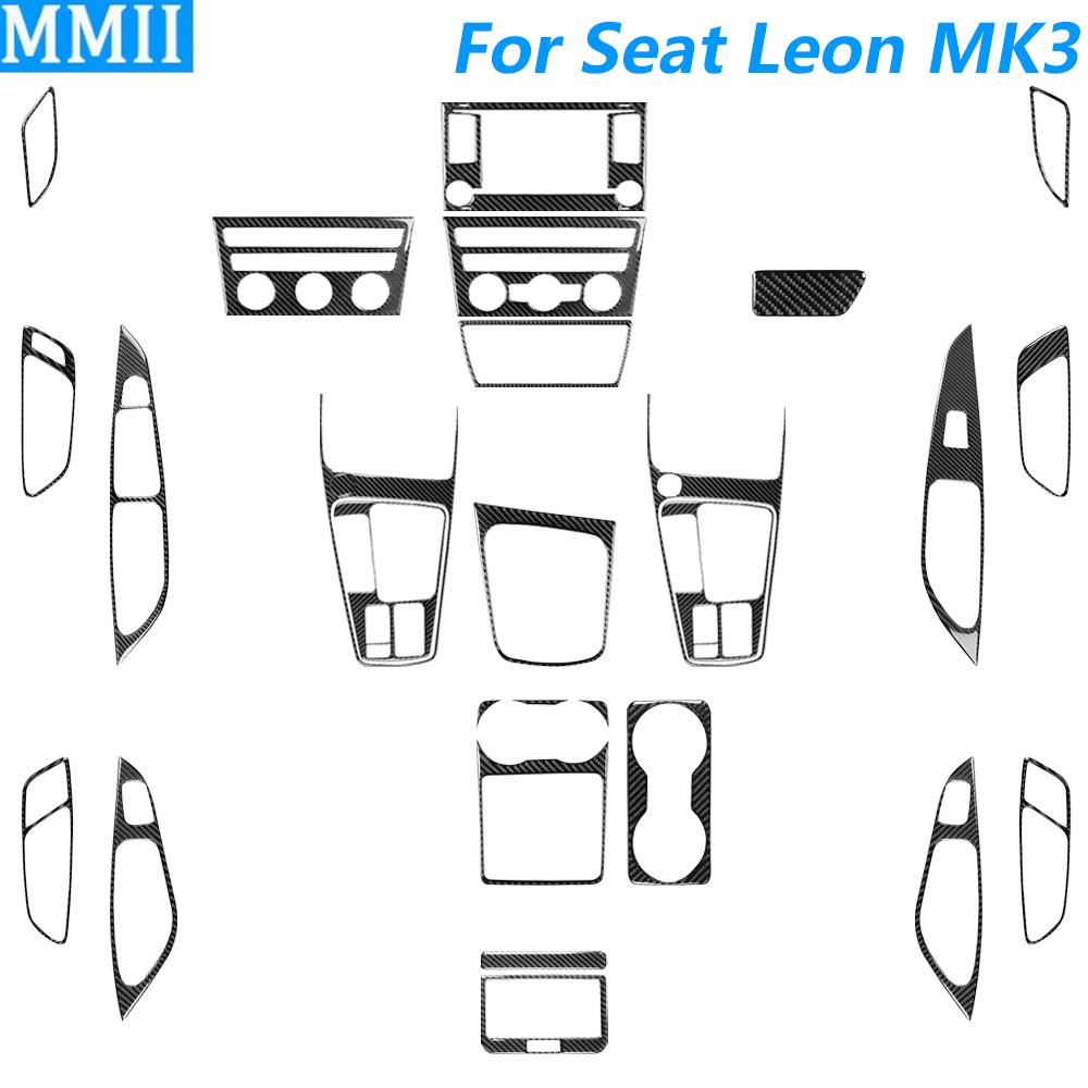 For Seat Leon MK3 2013-2020 Carbon Fiber Central Navigation Radio CD AC Door Gear Shift Panel Trim Set Car Accessories Sticker