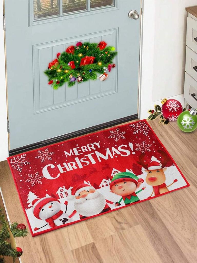 VIKAMA Christmas Crystal Velvet Floor Mat Washable Entry Welcome Door Mat Kitchen Living Room Carpet Home Christmas Decoration