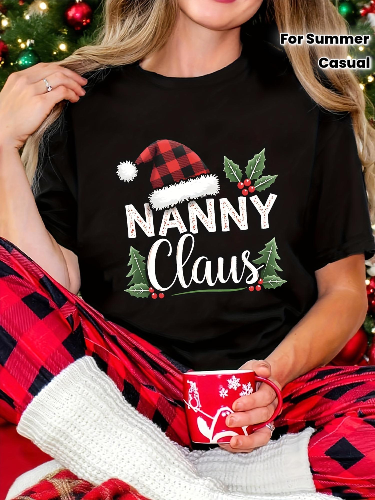 

NANNY Claus Letter Print T-shirt, Short Sleeve Crew Neck Casual Top for Summer & Spring, Women s Clothing S разноцветный