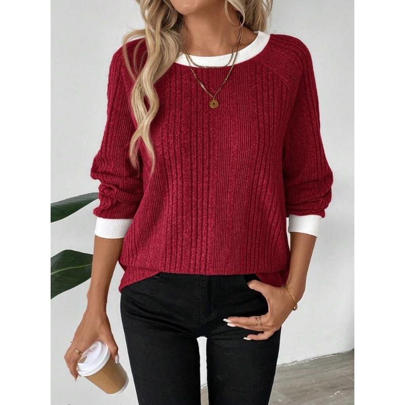 Women Color Block Crew Neck Ribbed Knit Sweater Solid Pink Raglan Long Sleeve Casual Top