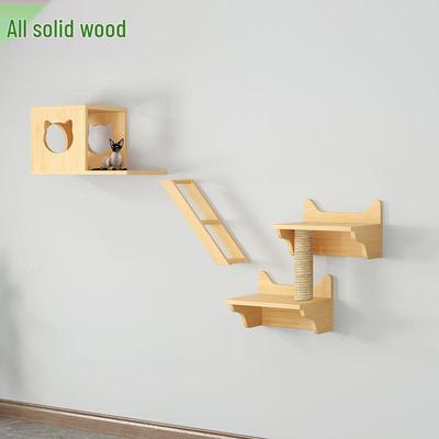 Wall-Mounted Cat Tree: Solid Wood Climbing Frame with Cat Nest, Jump Platform, Soft Ladder & Sisal Scratching Post