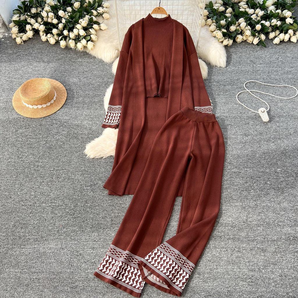 European Cross-Border Casual Knitwear Set: Women's Autumn/Winter Vest, Sweater Cardigan & Wide-Leg Pants 3-Piece