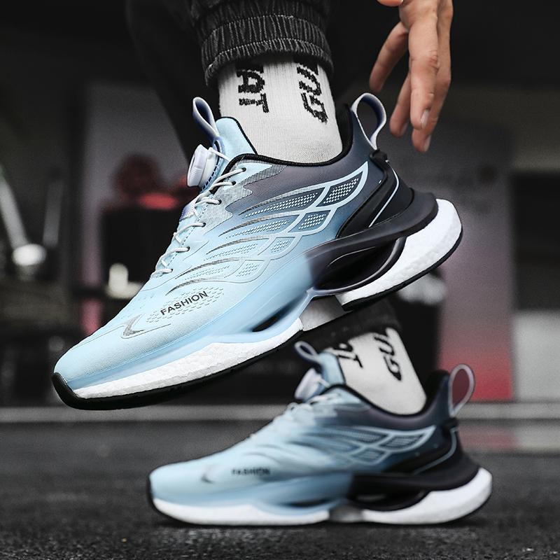 New high quality leisure non-slip sports shoes men's rotary buckle real popcorn soft sole springback cushioned running shoes