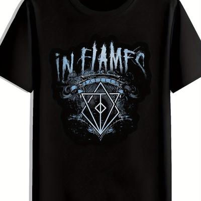 Vintage Rock Band Print T-Shirt - IN FLAMES & D20 Pattern Black Short Sleeve Crew Neck Top Men Women Summer Casual Sports Top