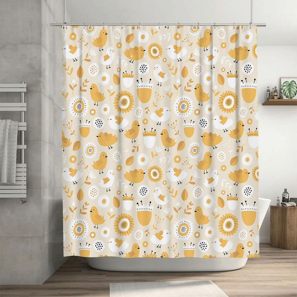 Adorable Birds Sunflower Shower Curtain Waterproof Fabric Bathroom Decor Luxury White Yellow Pattern T120835W146